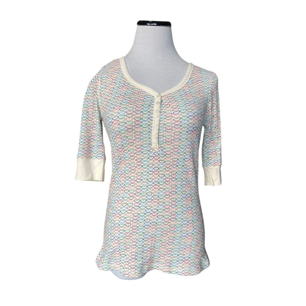 Womens Y2K Waffle Knit Henley Top Size L Heart‎ Print Fitted Coquette Indie Cute